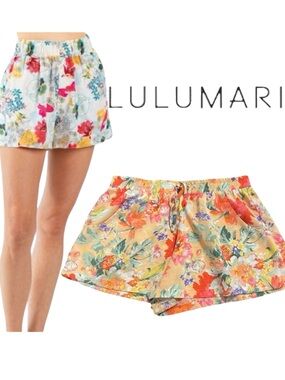 Lulumari Peach Colourful Floral Elastic Waist Drawstring Shorts (M)